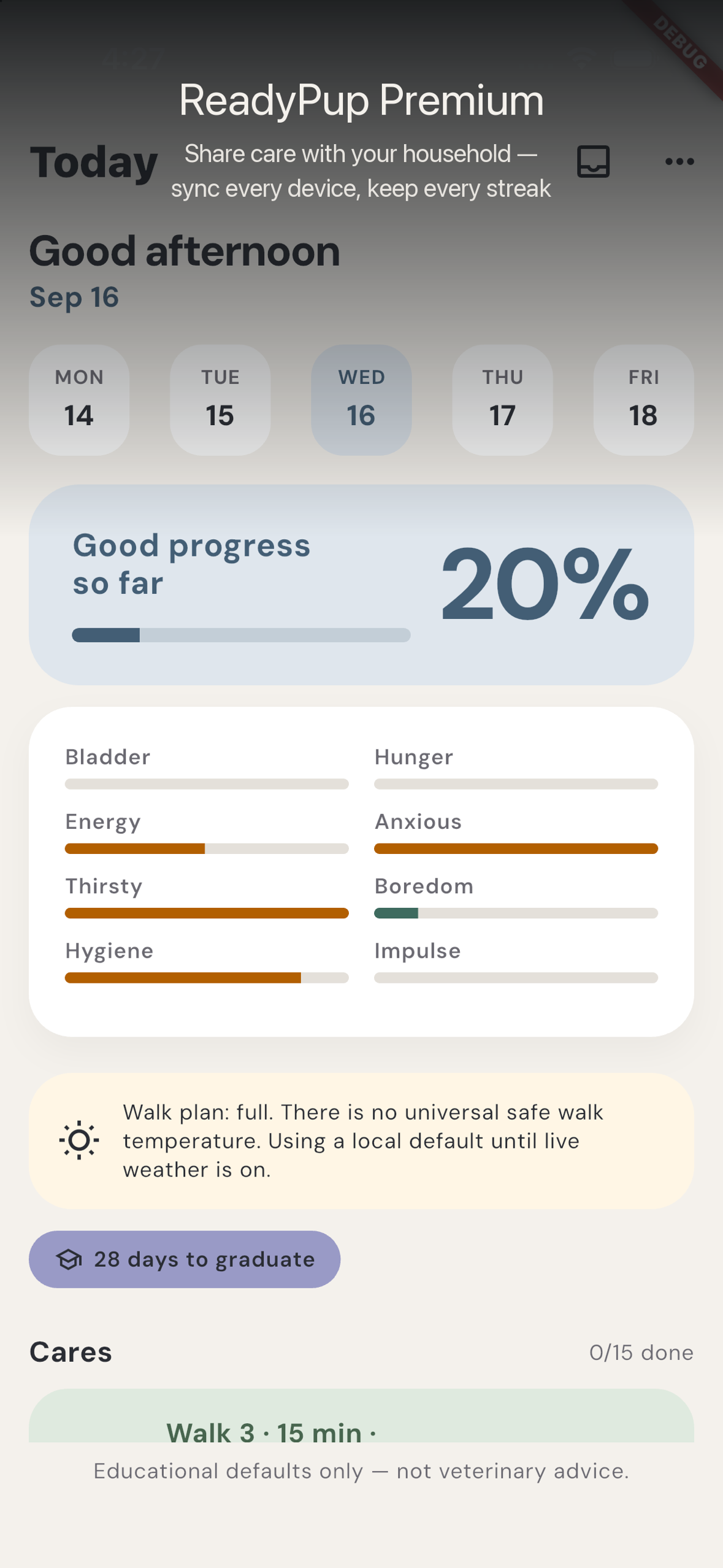 ReadyPup Premium screen — household sharing, breed guides, sync