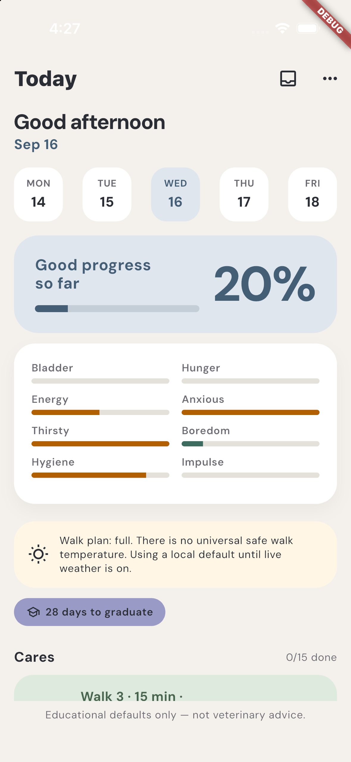ReadyPup Today screen — the daily care loop